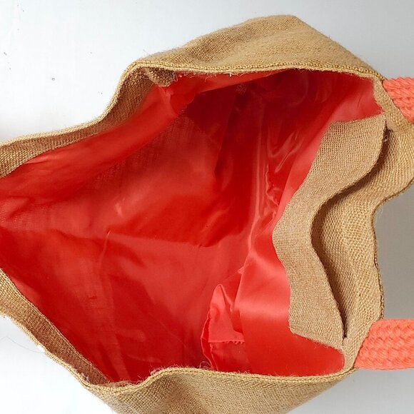 LARGE VICHY BEACH BAG Tropical Tote Bag Burlap with Coral Handle and Interior - Picture 4 of 4